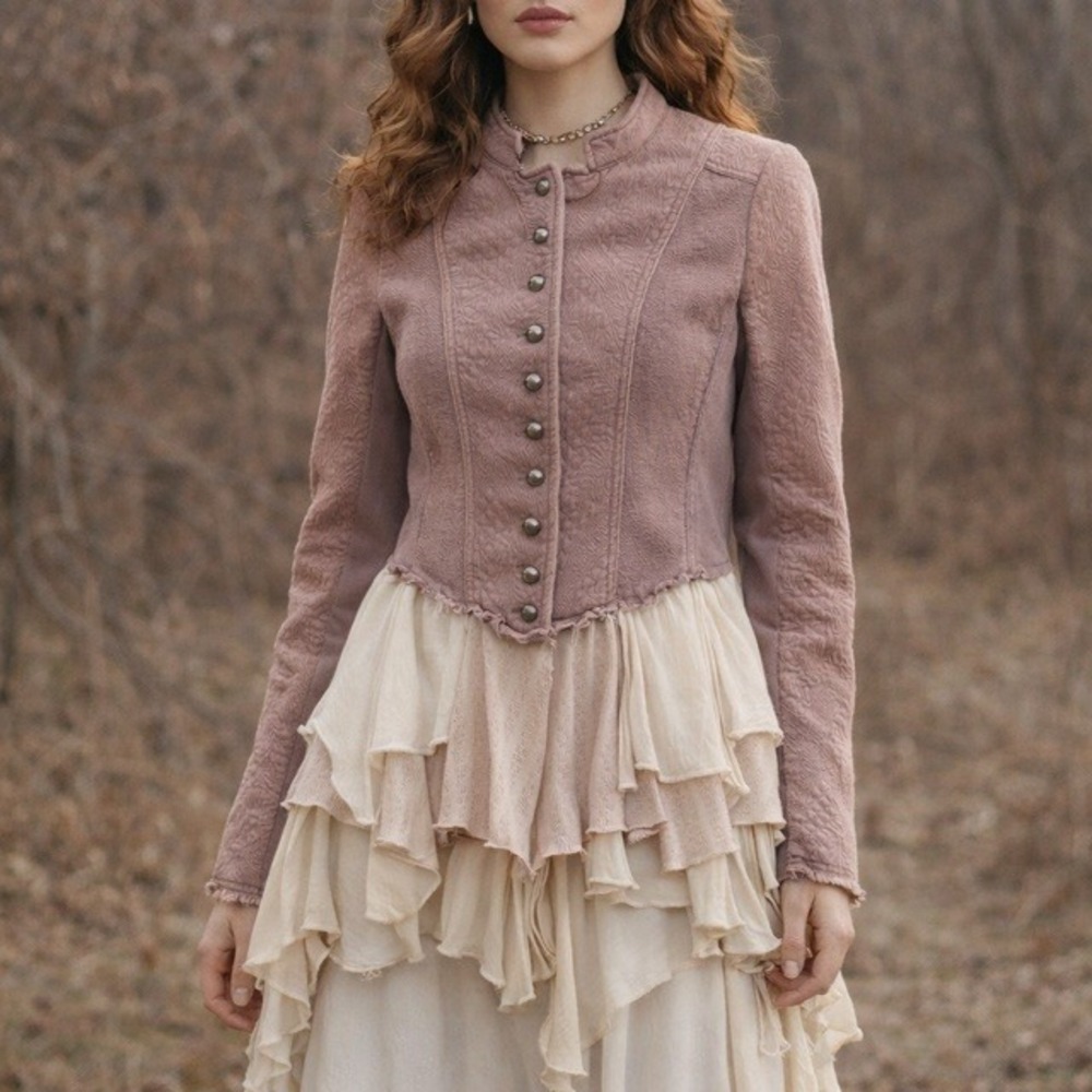 Free People Victorian Military Jacket Ruffle Mauve Steampunk Grunge Distressed 0